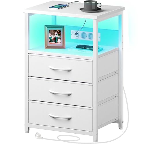 Rolanstar Nachttisch mit Ladefunktion & LED, Sofatisch mit 3 Stoffschubladen, USB-Anschlüssen & Steckdosen, Beistelltische für Wohnzimmer Schlafzimmer, Weiß, 40 x 30 x 60 cm
