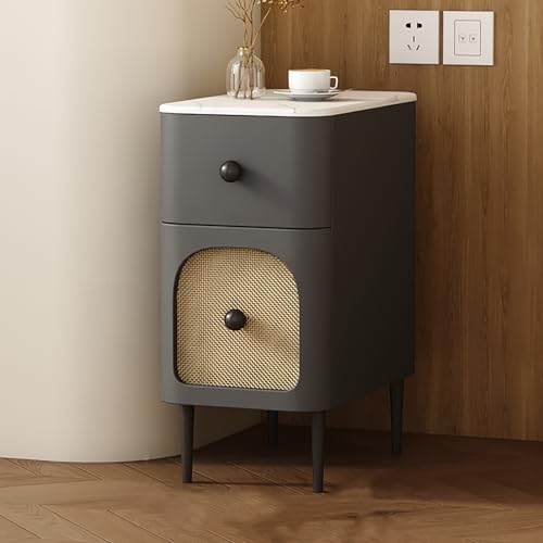 Schmaler Nachttisch aus Kunstleder, modern, klein, mit 2 Schubladen, Metallbeinen und Massivholz, stilvoller Aufbewahrungsschrank für Schlafzimmer und Wohnzimmer