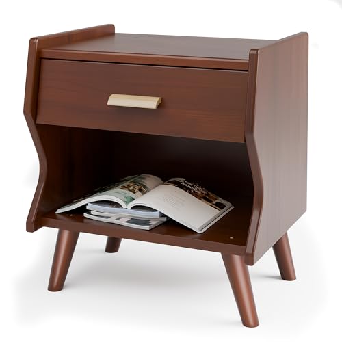 Mid Century Moderner Nachttisch, Nussbaum, massives Gummibaumholz, Nachttisch mit Schubladen & offenem Regal, Nachttische mit massivem Bein, Beistelltisch für Schlafzimmer
