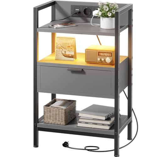 HLONONE Nachttisch mit Ladestation & LED, Beistelltisch mit Schublade & Offene Fächer, Sofatisch mit Steckdosen & USB-Anschlüssen, Nachtschrank für Schlafzimmer, Wohnzimmer, 30 x 44 x 70.5 cm, Grau