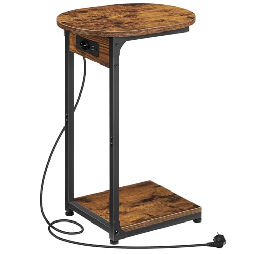 HOOBRO C-förmiger Beistelltisch mit Ladestation, runder Sofa-Beistelltisch, unter dem Sofa verschiebbarer Sofatisch, Nachttisch für Wohnzimmer und Schlafzimmer, Vintagebraun und Schwarz EBF18CSF01