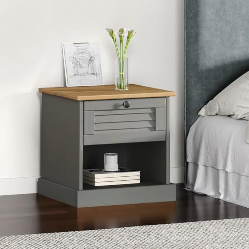 KATERYY Nachttisch VIGO Grau 42x35x42 cm Massivholz Kiefer,Zeitloser Nachttisch aus massivem Kiefernholz mit Schublade und Fach für Schlafzimmer und Wohnzimmer Schlafzimmer, Nachttische