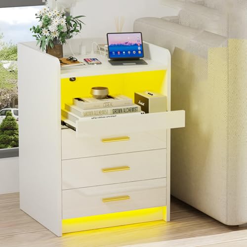 Nachttisch mit Steckdose, Nachtschrank mit Led Licht, Nachtkommode mit 3 Schubladen, Hochglanz, 2 AC Steckdosen, 2 USB Anschlüsse, Beistelltisch für Schlafzimmer Wohnzimmer Weiß 45x40x65cm