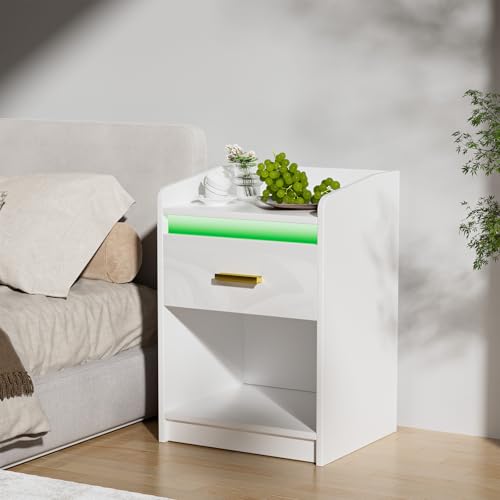 Lvhcmfohm Nachttisch Weiß mit Led, Nachtschrank mit 1 Schubladen Und 1 Offenes Fach Beistelltisch und 16 Farben Beleuchtung, Geeignet für Schlafzimmer Wohnzimmer (40x35x58cm)