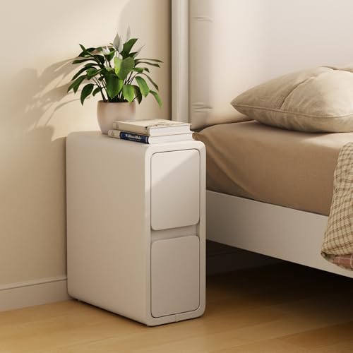 AQIMUELE Nachttisch Schmal Weiß, Beistelltisch mit 2 Schubladen, Nachtschrank Schmal, Installationfrei, Lederoberfläche, für Schlafzimmer, Wohnzimmer, Breite 20 cm (weiß)