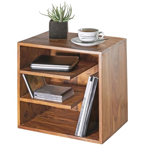 Wohnling Beistelltisch 43x43x30 cm Sheesham Massivholz Design Nachttisch, Kleiner Wohnzimmertisch mit Ablagen, Designer Holztisch massiv, Nachtkonsole Nachtkommode Holz, Anstelltisch modern