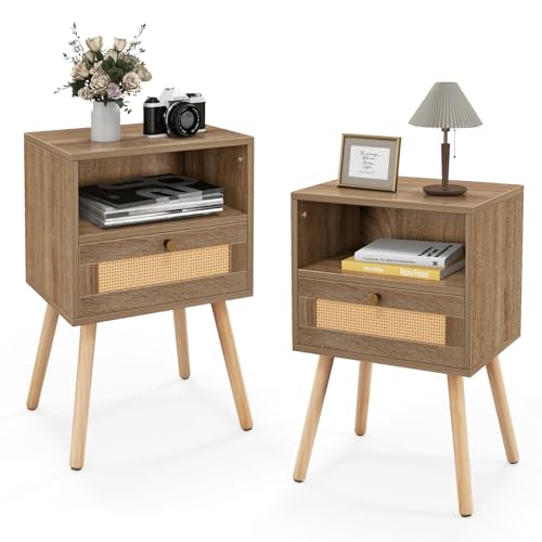 GIANTEX 2er Set Nachttisch, Nachtschrank mit Rattan-Schublade & offenem Regal, Beistelltisch mit Massivholzbeinen, Sofatisch Holz, Nachtkommode im Boho-Stil für Schlafzimmer Wohnzimmer, 40x30x60,5 cm
