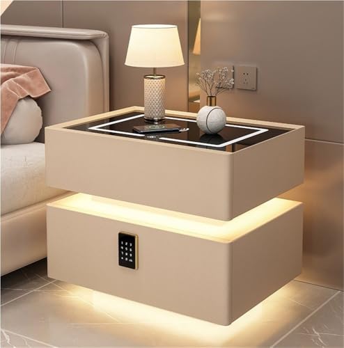 Moderner Nachttisch mit Induktionslicht und Passwortsperre, intelligenter Nachttisch mit kabelloser Ladestation, einfacher Nachttisch mit zwei Schubladen (Silber, 15,7 * 15,7 * 18,9 Zoll) (Khaki 17,7