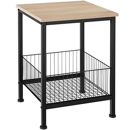 tectake Beistelltisch mit Gitterkorb, Nachttisch im Industrie-Design, 40 x 40 x 55,5 cm, 2 Ebenen, für Wohnzimmer Schlafzimmer Büro, Holz, schwarzes Metallgestell (Industrial Holz hell, Eiche Sonoma)