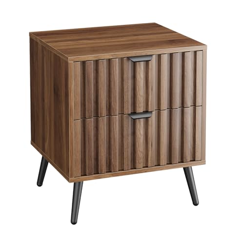 Nussbaum Nachttisch geriffelter, Mitte des Jahrhunderts, moderner, nahtlose Lattenschublade, Metallbeine, Schlafzimmer