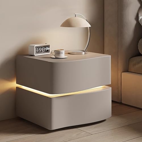 Nachttisch schmal side table Nachttisch mit LED-Beleuchtung und automatischer Sensor-Lichtleiste Nachttisch mit 2 Schubladen Nachttisch mit offenem Regal Beistelltisch Stoffkommode fürs Schlafzimmer(G