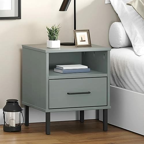 Gecheer Nachttisch Oslo mit Metallbeinen Grau Massivholz Kiefer, Nachtschrank Nachtkonsole Nachtkommode Schlafzimmer Schrank Kommode/ 350971