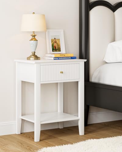 HEYZOEY Nachttisch, Retro Nachtschrank mit 1 Schublade, Massivholz Nachttisch, Boho Nachtkommode für Schlafzimmer, Wohnzimmer, Weiß