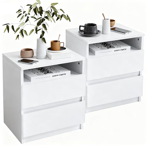 Mingone Nachttisch 2er Set, Nachtschrank aus Holz, Nachtkästchen mit 2 Schubladen, Beistelltisch Modernes Design für Schlafzimmer, Wohnzimmer Weiß