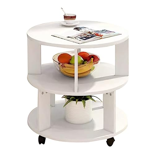 HMDX Moderner runder Couchtisch mit Stauraum, Nachttisch mit 2-stufigen Regalen, Kleiner Couchtisch aus Holz mit Rädern, Stabiler Beistelltisch für Wohnzimmer, Schlafzimmer, Cockta