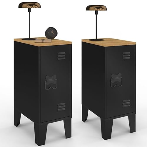 IDMarket - 2 Nachttische Ester, 1 Tür, Metall, Schwarz, Platte in Buche-Optik, industrielles Design