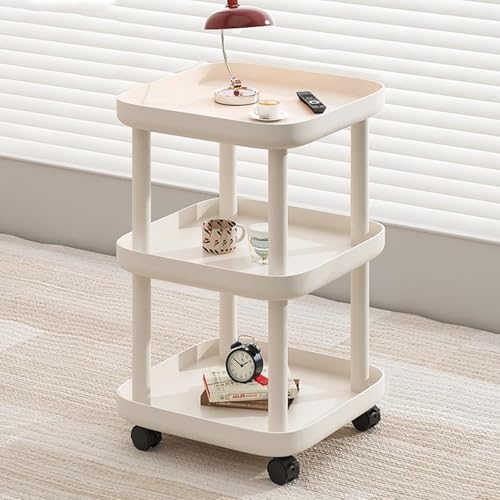 Nachttisch, Beistelltisch mit Rollen, TV-Tabletttische mit feststellbaren Rollen, 3-stöckig mit Rollen, mobiler Sofa-Beistelltisch, für kleine Räume, Schlafzimmer, Wohnzimmer, Gäst
