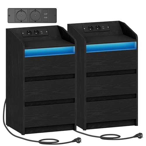 Hzuaneri 2er Set 3, Beistelltisch Ladestation LED, 2 AC Steckdosenund 2 USB Anschlüsse für, Wohnzimmer, Schwarz NS40104X