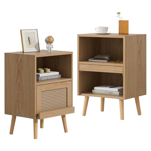GOOBUY 2er Set Nachttisch, Nachtschrank aus Holz und Rattan, Nachtkommode mit Füße, Sofatisch mit Beine, Nachtkästchen, Beistelltisch für Wohnzimmer Schlafzimmer, 40 x 30 x 60cm, Natur