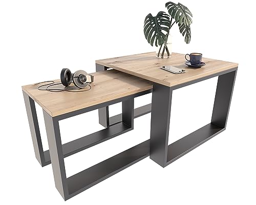MATKAM Satztisch 2er Set, Couchtisch im Industrie-Stil, hoher Beistelltisch B60 x T60 x H43,3 cm, niedriger Beistelltisch B39 x T39 x H40,8 cm, einfache Montage (Artisan Eiche)