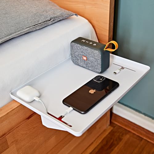 3 PAGEN® Bettablage, Nachttisch zum Einhängen für Bett und Etagenbett, Regal für Hochbett mit Kabelhalter, Betttablett schwebend, belastbar bis 11 kg, Weiß, ABS