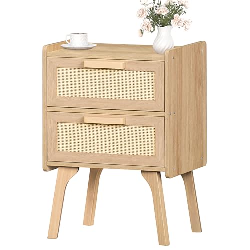 LELELINKY Nachttisch Rattan, Beistelltisch mit 2 Rattan Bekoriert Schublade, Holz Nachttisch Boho, Nachtschrank für Schlafzimmer, Wohnzimmer und Geringer Raum(Natürliche Farbe)