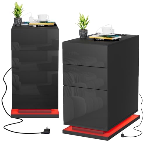 HaodaCulture Nachttisch Schmal 2er Set Mit LED Beleuchtung, Beistelltisch, Sofatisch, Hoch für Schlafzimmer, Wohnzimmer 50x30x63cm