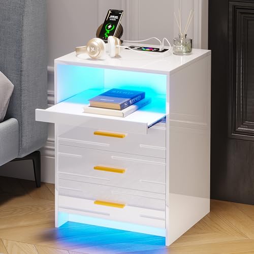 Lvifur LED Nachttisch mit 3 Schubladen,Hochglanz Nachttische mit USB/Type-C Aufladung,Nachtschrank mit LED-Licht & Kabellose Ladestation,40 x 45 x 60 cm