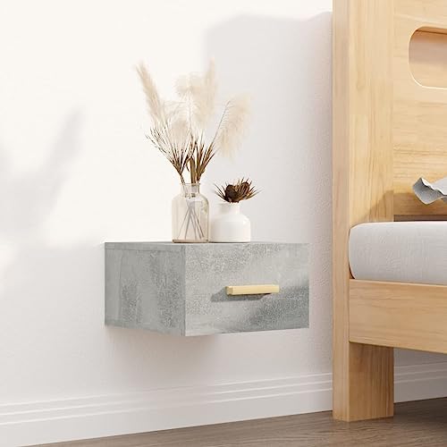 HaoChrymec Wand-Nachttisch Betongrau, Holzwerkstoff, Wandmontiertes Design, 1 Schublade, Stauraum für Bücher und Zeitschriften, Nachttisch Hängend, 35x35x20 cm