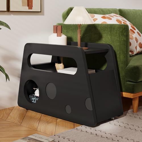 Azkoeesy Nachttisch Beistelltisch mit Rollen und Katzenbett, Sofatisch schmal, für Wohnzimmer und Schlafzimmer, 81 x 33 x 51,5 cm (Schwarz)