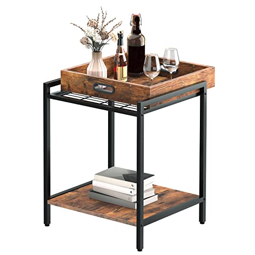HOOBRO Beistelltisch, Sofatisch mit herausnehmbarem Tablett, Nachttisch mit offenen Regalen, Snack-Tablett-Tisch, Industriestil, Schlafzimmer, Wohnzimmer, Vintage EBF45BZ01