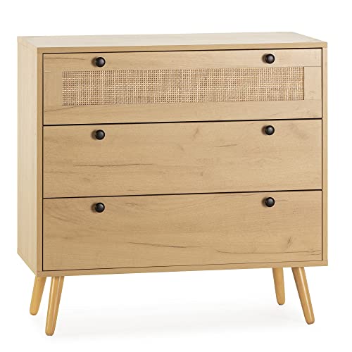 HOMN LIVING Bella Nachtkommode mit 3 Schubladen, Eiche mit natürlichem Rattan, Metallschienen, 80 cm (Breite) 37,5 cm (Tiefe) 77,5 cm (Höhe)