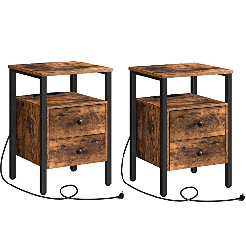 HOOBRO Nachttische mit Ladestation, 2er Set, Beistelltische, Sofatische mit 2 Schubladen, Couchtische mit USB-Anschlüssen für Wohnzimmer, Schlafzimmer, 40 x 40 x 61 cm, Vintage EBF43CBZP201