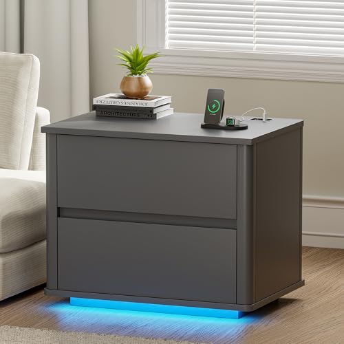 Gurexl Nachttisch mit 2 Schubladen und LED-Licht,Modern Nachtschrank mit Ladefunktion,kommode mit Abgerundete Ecken für Wohnzimmer Schlafzimmermöbel Büro Hotel Schlafsaal,Grau
