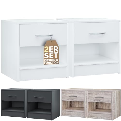 Casaria® 2er Set Weiß mit Schublade 41x 39x 28cm Holz Ablage Modern Schlafzimmer Bett Nachtschrank Nachtkästchen Beistelltisch Nachtkommode