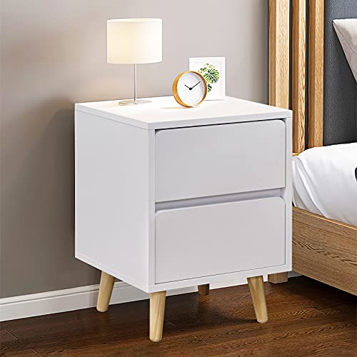 TUKAILAI Nachttische, Schlichter Nachtschrank, Weißer Nachttisch mit 2 Schublade Holz Modern Nachtkommode Schlafzimmer Kommode Weiß