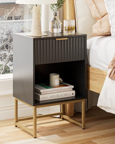 HEYZOEY® Nachttisch mit Schublade, 40 cm breiter Beistelltisch mit großem Fach, moderner Nachtschrank für Schlafzimmer, Wohnzimmer oder Büro (40 x 30 x 60 cm, Schwarz geflutes Finish)