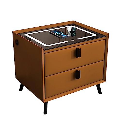 Moderner Nachttisch mit 2 Schubladen, intelligenter Beistelltisch mit verstellbaren LED-Leuchten, USB- und kabelloser Ladestation, Nachttischschrank für Schlafzimmer, Hellbraun, 35 x 40 x 47
