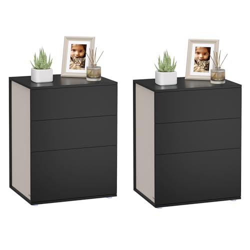 VASAGLE, 2er Set, Beistelltisch 3 Schubladen, Superschnelle werkzeuglose Montage, Nachtschrank, Schlafzimmer, Wohnzimmer, Toolless Technologie, tintenschwarz cappuccinob eige LET779B01