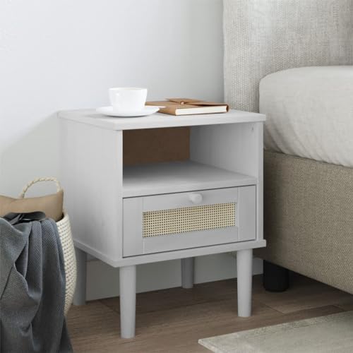 Festnight Nachttisch Nachtschrank mit Schublade Ablage Beistelltisch Weiß Nachtkommode Holz Schlafzimmertisch Sofatisch Nachtkästchen mit Tür Massives Kiefernholz Rattan 40x35x48 cm