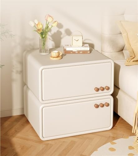 IROEJT Moderner Beistelltisch aus Massivholz mit Zwei Schubladen, niedlicher, kreativer Kleiner Leder-Nachttisch mit Stauraum für Wohnzimmer und Schlafzimmer?Milk White 17.7x15.8in