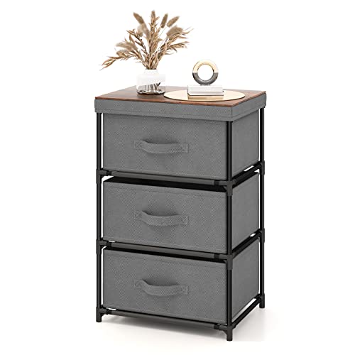 COSTWAY Nachttisch mit 3 Schubladen, Beistelltisch mit Metallrahmen, Kommode, Aufbewahrungsschrank, Stoffkommode für Schlafzimmer, Wohnzimmer, Flur, 40 x 30 x 62 cm (Grau)