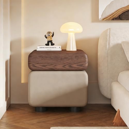 SIONDSTS Holz-Nachttisch, drehbarer Leder-Nachtschrank, moderner kreativer Nachttisch mit versteckten Griffen, minimalistischer Beistelltisch mit 2 Schubladen,Grau,40cm