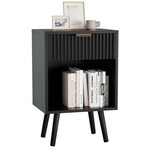 YMYNY Nachttisch, Beistelltisch, Nachtschrank mit Stauraum, Schubladen geriffelte Fronten, Goldener Griff, Massivholz Beinen, Modern, für Schlafzimmer Wohnzimmer, Schwarz HST013B YMYNY Nachttisch, Beistelltisch, Nachtschrank mit Stauraum, Schubladen geriffelte Fronten, Goldener Griff, Massivholz Beinen, Modern, für Schlafzimmer Wohnzimmer, Schwarz HST013B