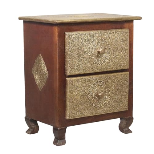 Indische Nachtkommode mit Schubladen Schrank Nachttisch Schränkchen Asien Goldverzierung Antik-Optik Braun Gold 53cm