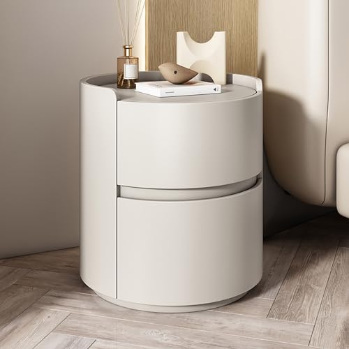 Moderner, minimalistischer Schlafzimmer aus massivem Holz in Weiß, runder mit Aufbewahrungsschubladen, Kommode, aus Holz, Mini, Runder