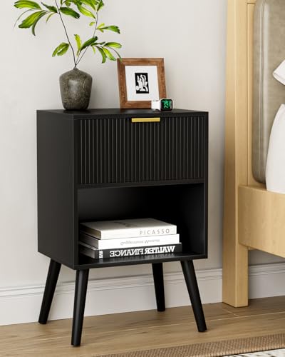 Apetaccat Nachttisch Holz, Beistelltisch mit Stauraum, Nachttische mit 1 Schubladen und offenes Fach, Nachtschrank für Schlafzimmer, Wohnzimmer, Schwarz