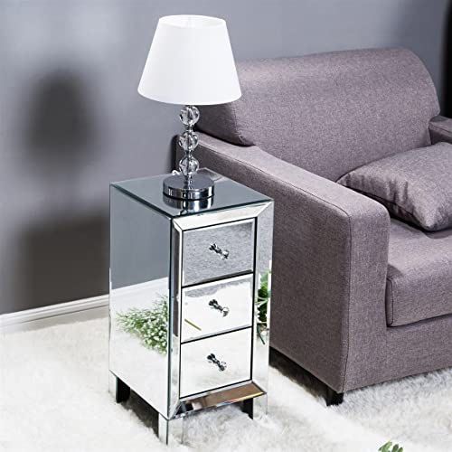 Bonnlo Hochwertiger Nachttisch Schmal mit 3 Schubladen, Nachtschrank, Moderner Beistelltisch Glas, Kleine Kommode, verspiegelt, 30x30x60cm, ideal für Schlafzimmer & Wohnzimmer (1, Spiegeloptik 2)