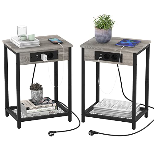 YBING Nachttisch 2er-Set, Moderner Beistelltisch, 2-Stöckiger Kleiner Nachttisch mit Aufbewahrungsregal, Industrie-Design Couchtische für Schlafzimmer, Wohnzimmer, Bauernhaus, Nachtschrank