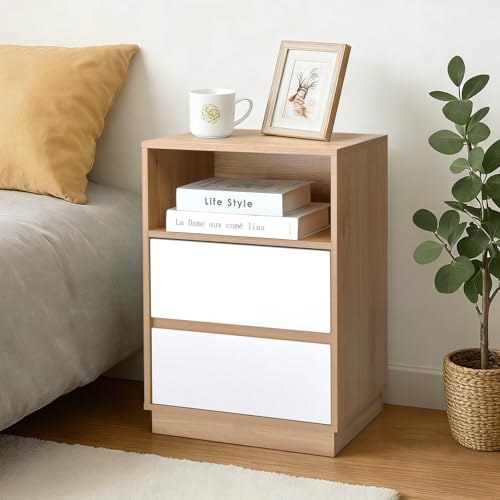 LEADZM Nachttisch Nachttische mit 1 offenem Fach und 2 Schublade, Nachtschrank für Schlafzimmer, Beistelltisch für Schlafzimmer und Wohnzimmer, 40 x 30 x 60 cm (1, Eichen&Weiß)